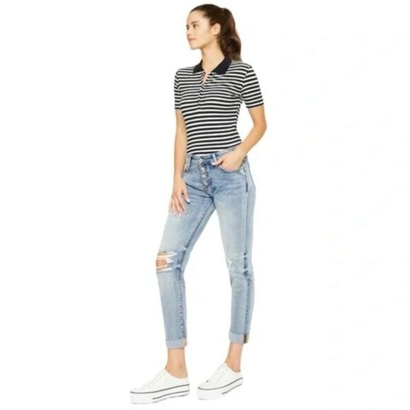 KanCan Clairie Mid Rise Distressed Button Fly Boyfriend Jean - Picture 3 of 12